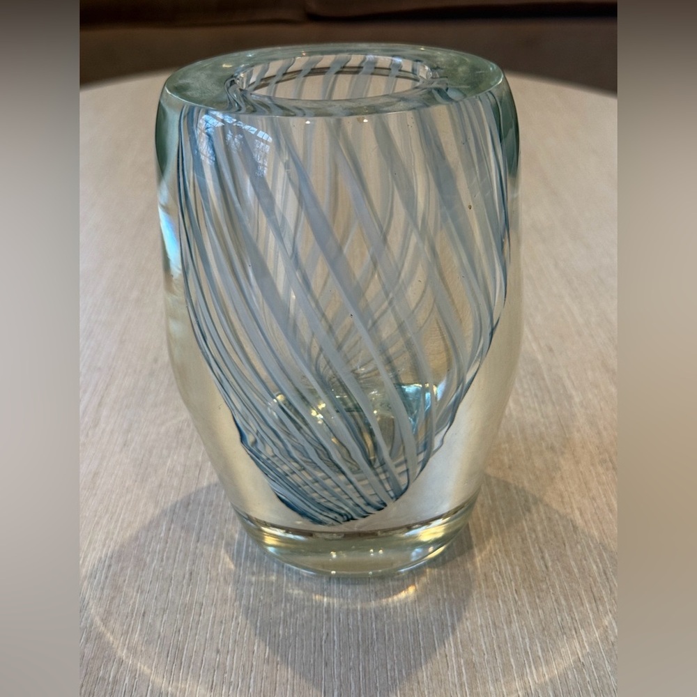 Signed Studio Art Glass Vortex Vase – Bunch 1985 – White Swirl – 7”